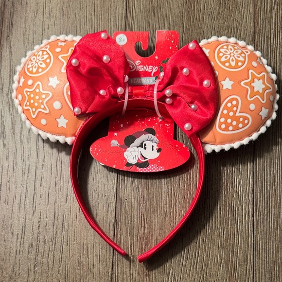 Disney Other - Disney Minnie Mouse Ears Headband Gingerbread Pattern, Red Bow w/ Pearls